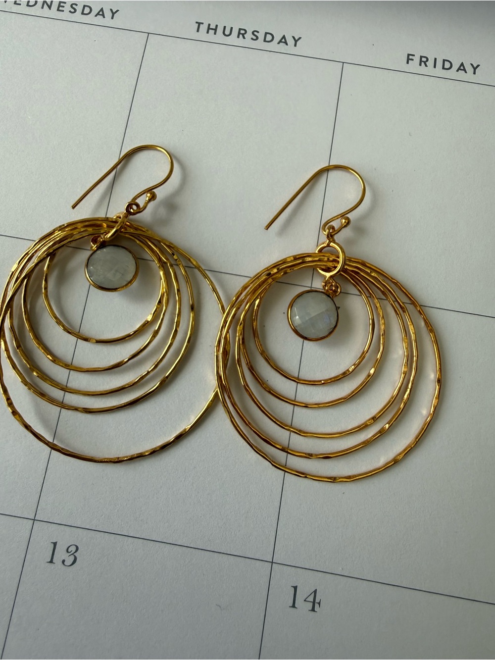 Gold Multi-Hoop Drop Earrings with Round Stone Accent